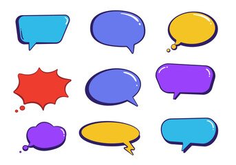 Poster - Nine cartoon speech bubbles of varying shapes and colors with a black outline
