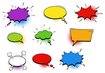 Poster - Nine cartoonstyle speech bubbles of varying shapes and colors on a white background each with halftone patterns