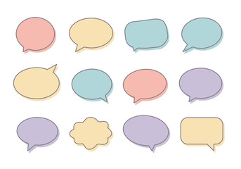 Poster - Twelve pastel speech bubbles in assorted shapes and colors outlined with a simple handdrawn style on a white background