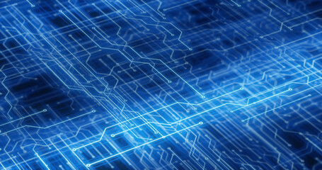 Poster - Blue circuit board design represents modern technology and digital systems. Ideal for illustrating electronics, data networks, and high-tech concepts. 3D render