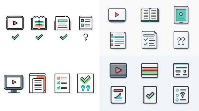 E-learning and digital education icon set in flat style featuring video tutorials, books, checklists, and quiz symbols. Perfect for online courses, apps, and learning platforms.