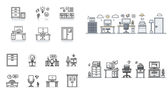 Modern office and workspace illustration set featuring desks, chairs, cabinets, decor, and technology icons. Ideal for business presentations, web design, and productivity visuals.