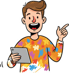 Poster - Young man with tablet smiling and pointing wearing colorful sweater on orange background vector illustration 