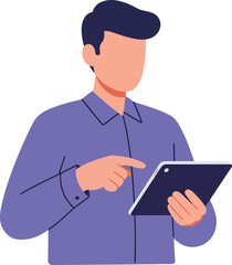 Poster - Man using digital tablet technology for work or leisure in purple shirt on light background vector illustration 