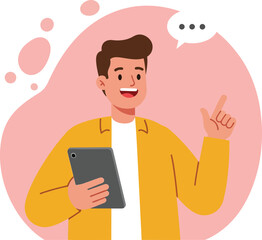 Poster - Young man holding tablet with speech bubble talking communication concept vector illustration 