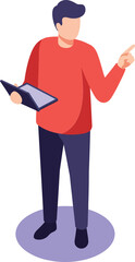 Poster - Man wearing red sweater holding digital tablet and pointing finger on purple background vector illustration 