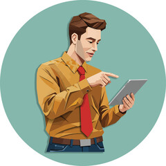 Poster - Man Wearing Yellow Shirt and Red Tie Using Tablet Device Vector Illustration in Flat Design Style 
