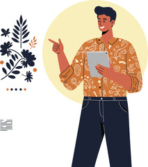 Poster - Young man holding tablet and pointing with finger wearing brown floral shirt vector illustration 