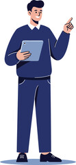 Poster - Young man holding tablet and pointing finger in casual outfit vector illustration