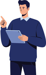 Poster - Young man holding digital tablet and pointing finger in blue sweater vector illustration