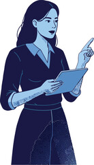Poster - Businesswoman holding digital tablet pointing while presenting professional vector illustration in blue tones 