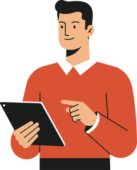 Poster - Man using digital tablet with casual orange sweater and white collar in flat vector style