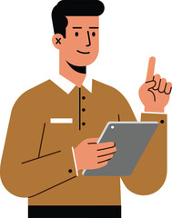 Poster - Young man holding tablet pointing finger digital device technology vector illustration in brown shirt 