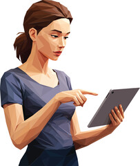 Poster - Woman using digital tablet technology device in polygonal vector style illustration for modern communication and work 