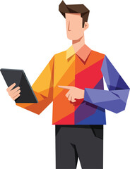 Poster - Man using tablet in colorful orange red and blue shirt vector illustration technology and digital lifestyle concept 