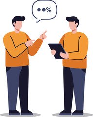 Poster - Two men discussing data percentages with tablet device in orange sweaters vector illustration 