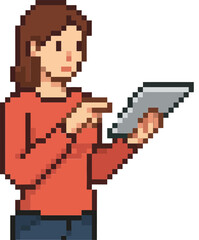 Poster - Woman using tablet device with digital interface icons on green background pixel art vector illustration 