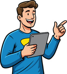 Poster - Young man holding tablet pointing with finger on vibrant red background vector illustration 