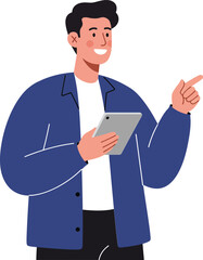 Poster - Young man using tablet device pointing with thumb wearing blue shirt and white t shirt vector illustration 