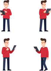 Poster - Man Using Tablet Device in Various Poses with Red Sweater on Orange Background Vector Illustration 