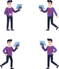 Poster - Businessman in purple shirt and red tie holding tablet in different poses vector illustration on orange background