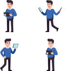 Poster - Young man using digital tablet and smartphone in casual blue sweater vector illustration set 