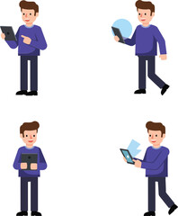 Poster - Young man using tablet and smartphone in different poses vector illustration on orange background 