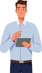 Poster - Young man using digital tablet in casual shirt with neutral background vector illustration technology and lifestyle concept 