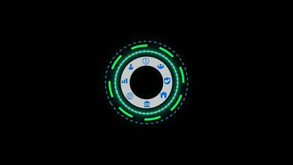 Poster - Abstract digital interface displaying business and finance icons within a futuristic circular design on a black background
