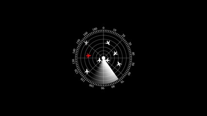 Poster - An illustrative radar screen displaying aircraft with a highlighted target amidst a black background, representing surveillance and threat detection.