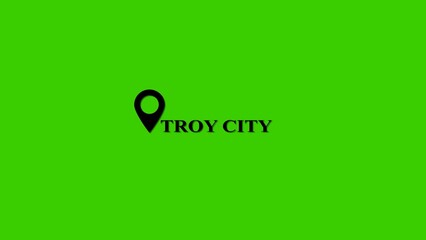 Poster - Troy city location pin icon design displayed on a vivid green background representing city positioning and travel destinations