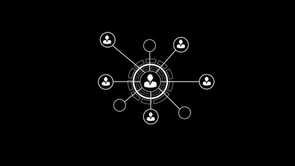 Poster - Abstract digital illustration of network and human connection icons representing people connected to a core center and communication channels.