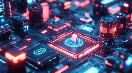 Fototapete - Digital circuitry action futuristic environment 3d visualization technology concept neon lights cybernetic landscape