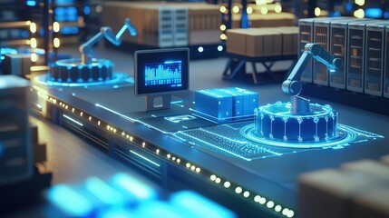 Fototapete - Automated robotics revolutionizing warehouse operations futuristic industrial setting digital environment high-tech perspective