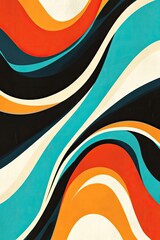 Poster - Abstract art featuring flowing, vibrant curves in orange, teal, black, and white.  The design evokes a sense of movement and energy