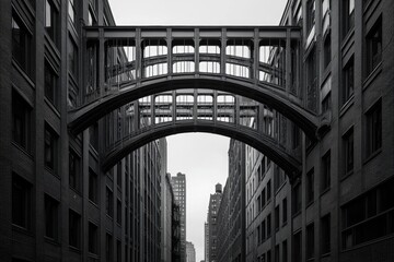 Aufkleber - Monochrome perspective of a metal bridge arching over a narrow city street, flanked by tall buildings