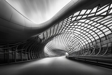 Aufkleber - Abstract grayscale image of a modern, curved structure with a pathway leading through it, showcasing intricate latticework and architectural design