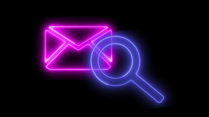 Poster - Neon light effect on a mail envelope icon and a magnifying glass, black background