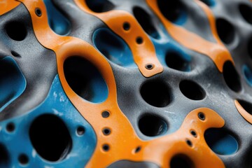 Aufkleber - Abstract textured surface with vibrant orange, blue, and gray hues, featuring irregular holes and a three-dimensional, almost biological appearance