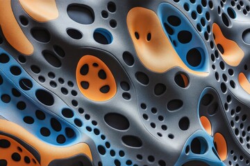 Aufkleber - Abstract 3D render of a textured surface with organic shapes and cut-outs, in shades of gray, orange, and blue