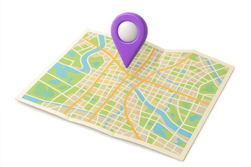 Fototapete - 3d-rendered paper map folding, purple location pin marking destination point against translucent backdrop
