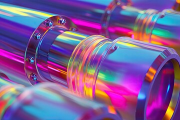 Poster - Close-up of vibrant, metallic tubes with iridescent sheen, showcasing intricate details and reflective surfaces