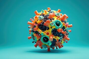 Poster - A vibrant, spherical 3D model depicting a complex, multifaceted virus structure with various colors and textures