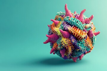 Poster - Abstract 3D rendering of a colorful, organic, sphere-like structure with intricate details and textures against a teal background