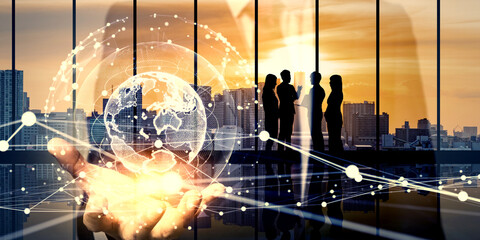 Poster - Collage of a group of business people talking and global network. Wide angle visual for banners or advertisements.