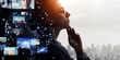 © metamorworks - Collage of a thinking woman and video technology. Wide angle visual for banners or advertisements.