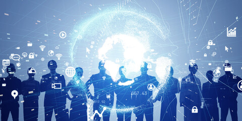 Poster - Collage of multinational people group and global network. Wide angle visual for banners or advertisements.