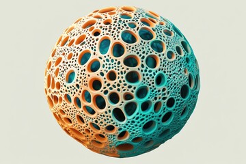Poster - Abstract sphere with intricate, porous structure in teal and orange hues.  Detailed 3D model showcasing complex network of cavities