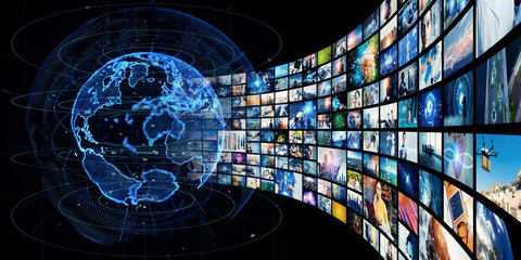 Poster - A collage of global networks and video technology. Wide angle visual for banners or advertisements.