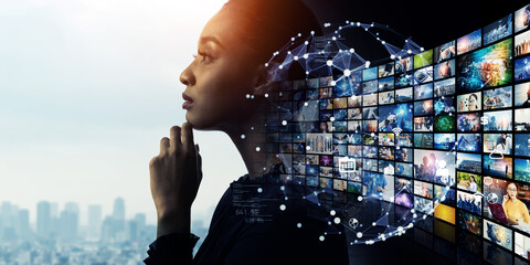 Poster - Collage of a thinking woman and video technology. Wide angle visual for banners or advertisements.